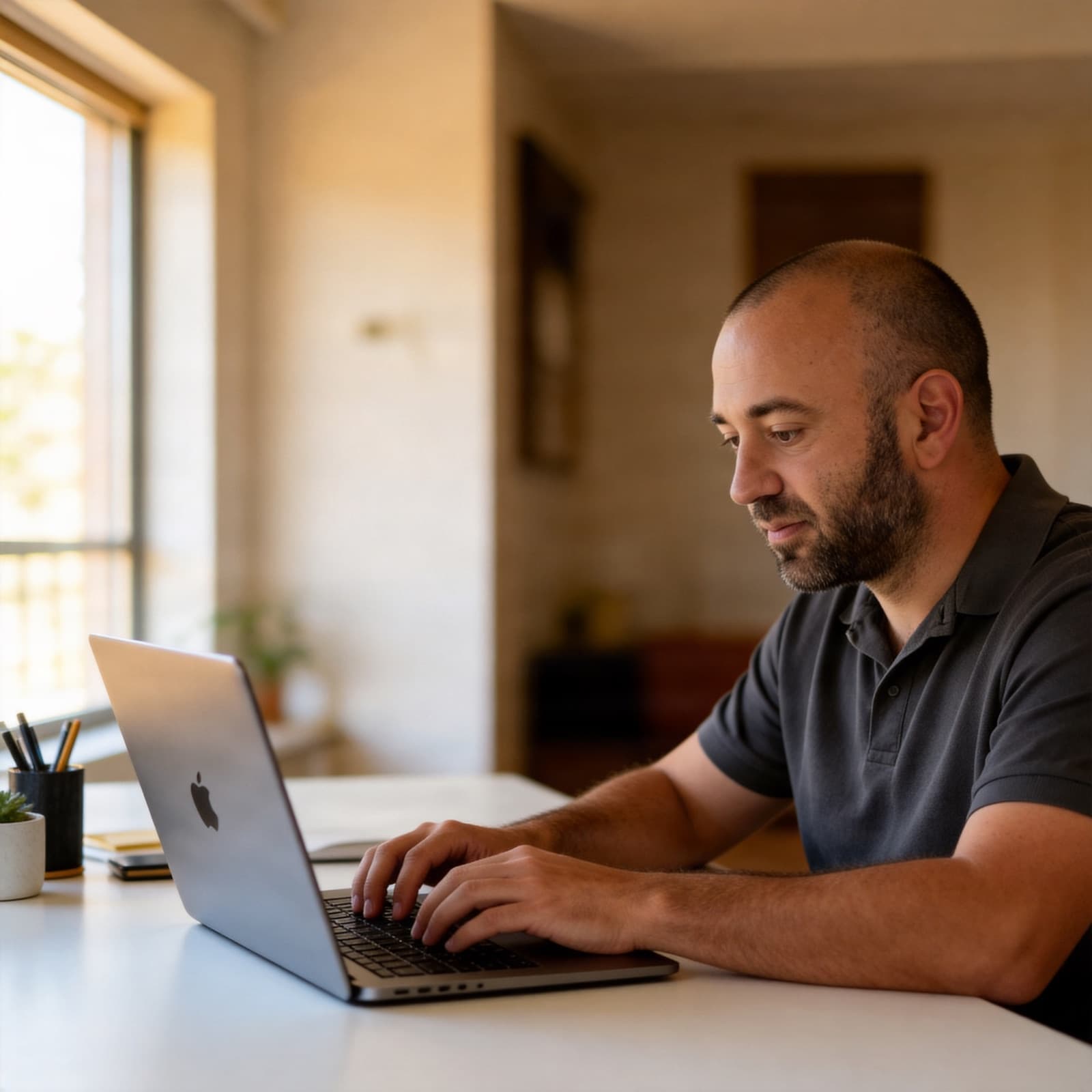 Miguel programando con un portátil junto a una ventana