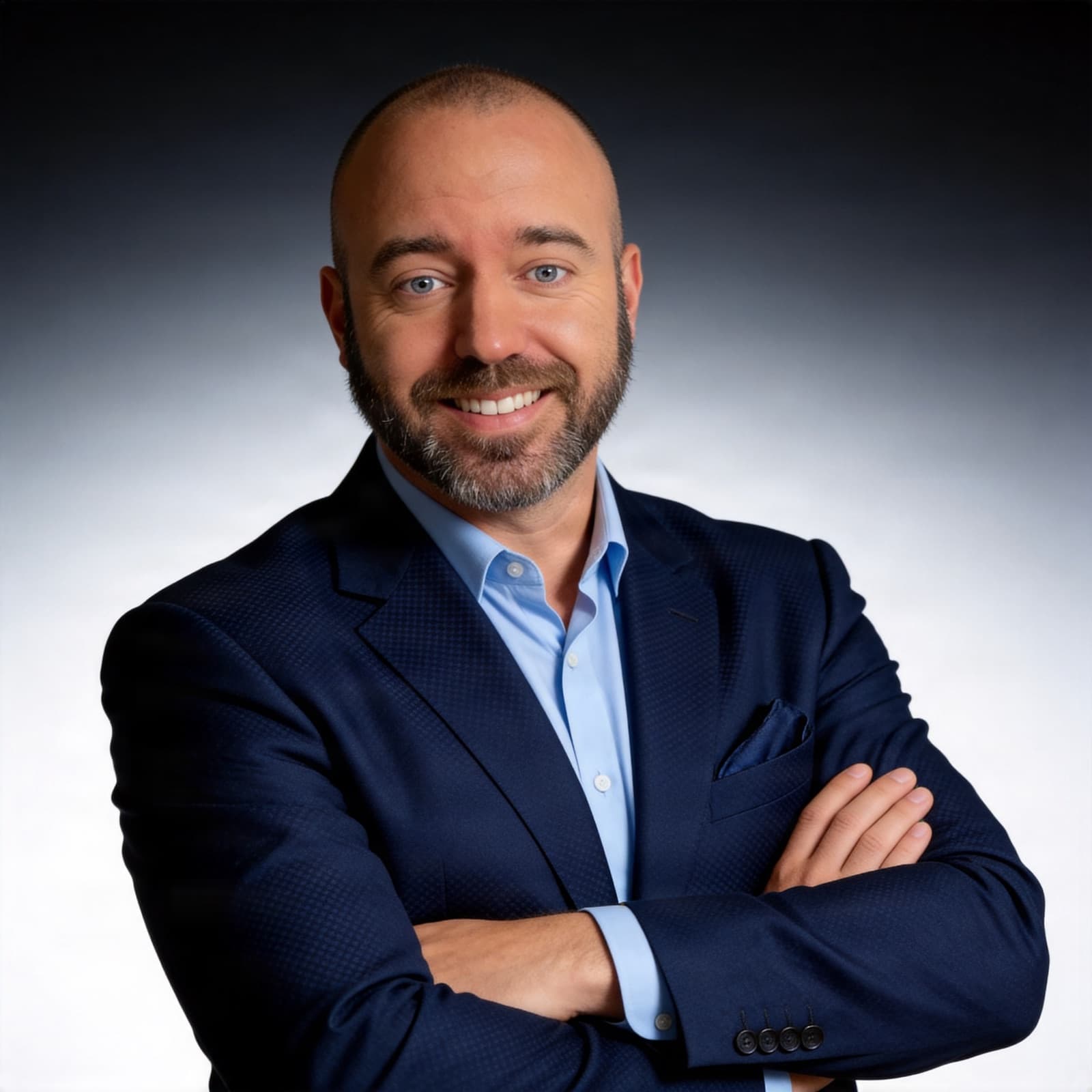 Retrato de Miguel Liébana con americana azul y los brazos cruzados